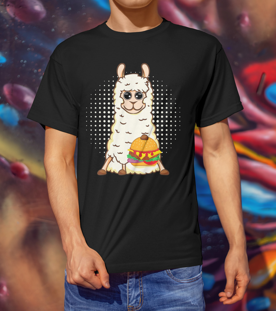 Llama Surprise Funny Sitting With Giant Burger T-Shirt