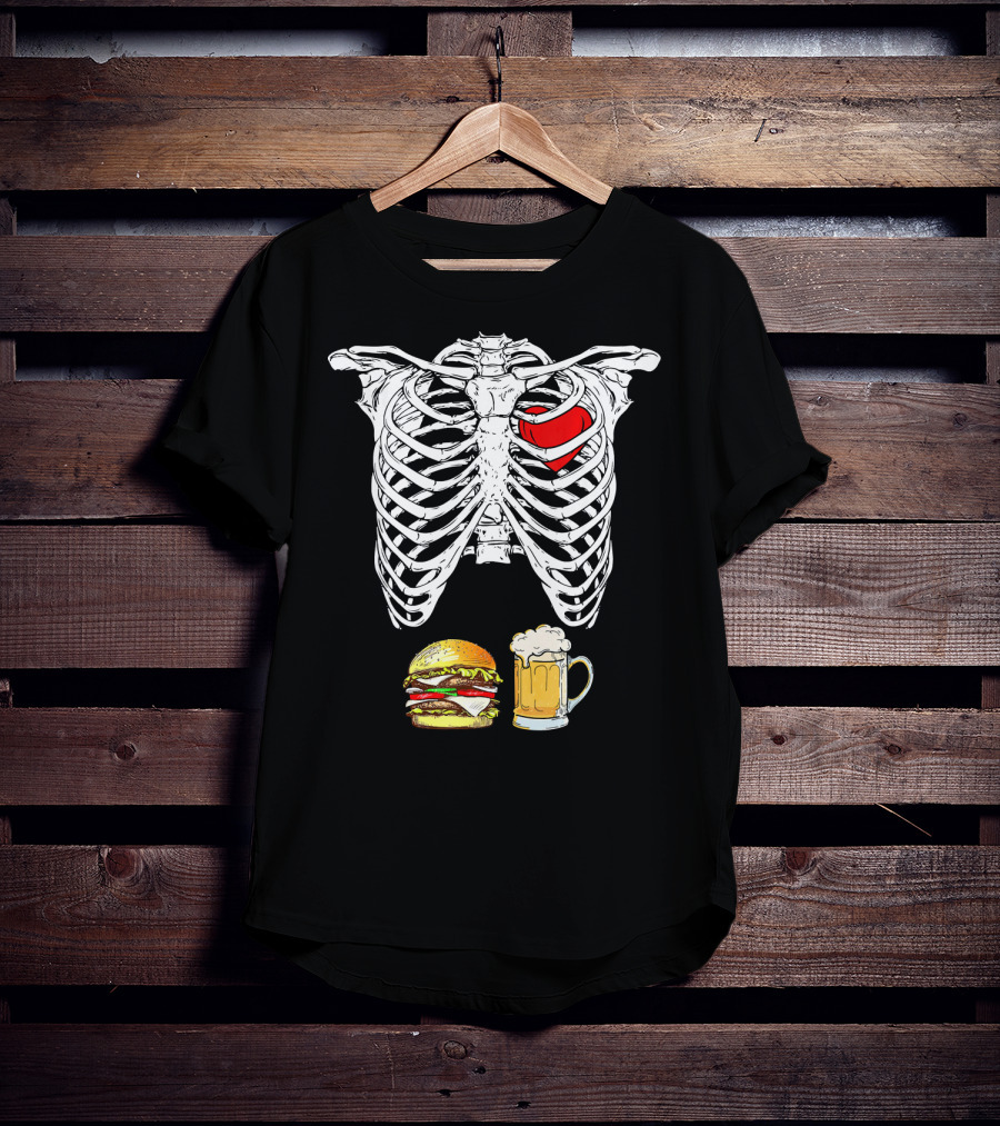 Ribcage Xray Skeleton With Heart Burger And Beer T-Shirt