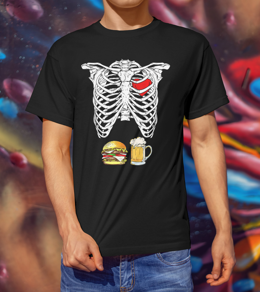 Ribcage Xray Skeleton With Heart Burger And Beer T-Shirt