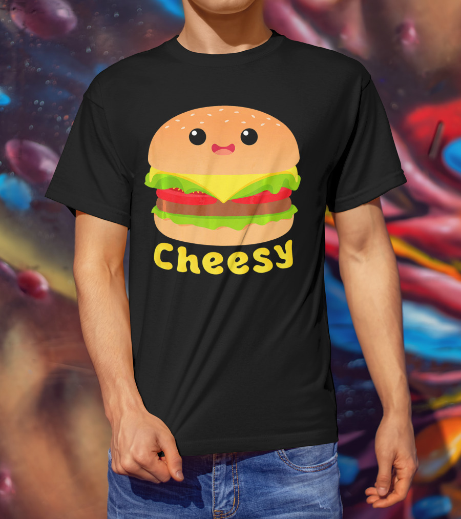 Cheesy Cute Funny Cheese Burger Food Pun Adorable Smiling Burger T-Shirt
