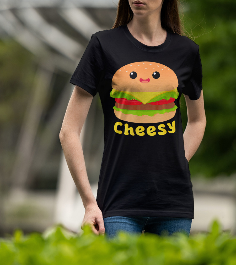 Cheesy Cute Funny Cheese Burger Food Pun Adorable Smiling Burger T-Shirt