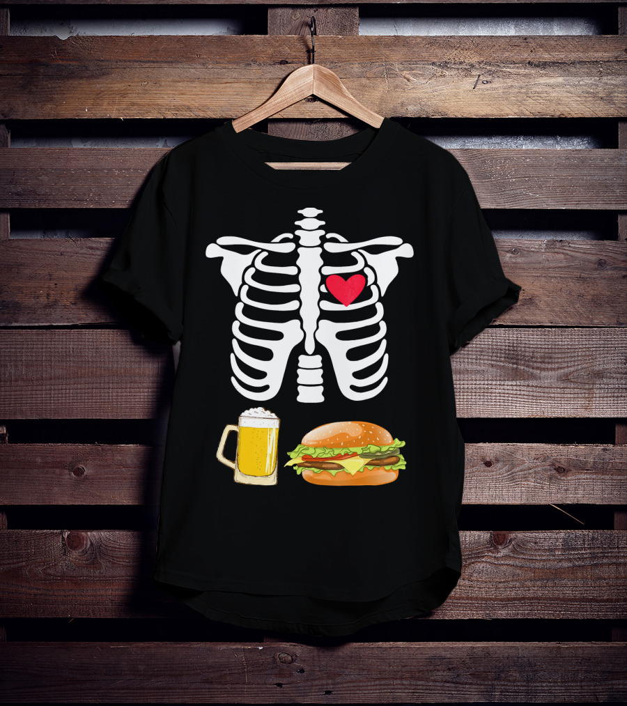 Beer And Burger Heart Ribcage Skeleton T-Shirt