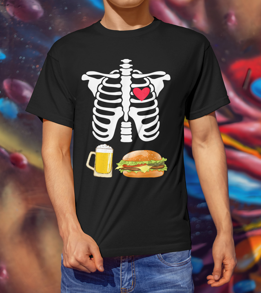 Beer And Burger Heart Ribcage Skeleton T-Shirt
