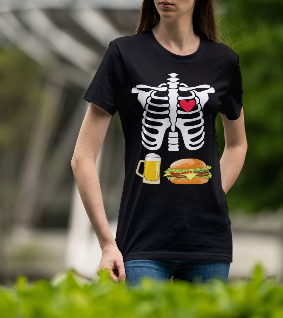 Beer And Burger Heart Ribcage Skeleton T-Shirt