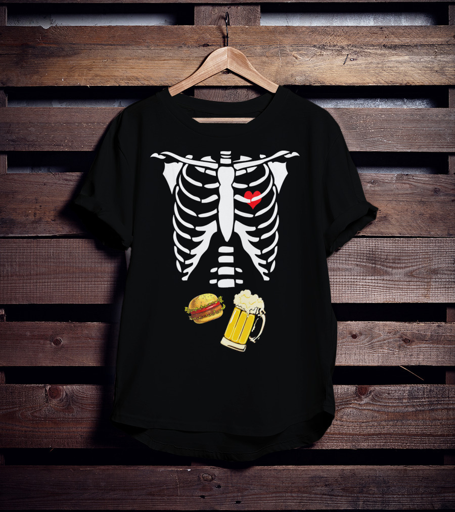 Beer Hamburger Skeleton Ribcage Heart T-Shirt