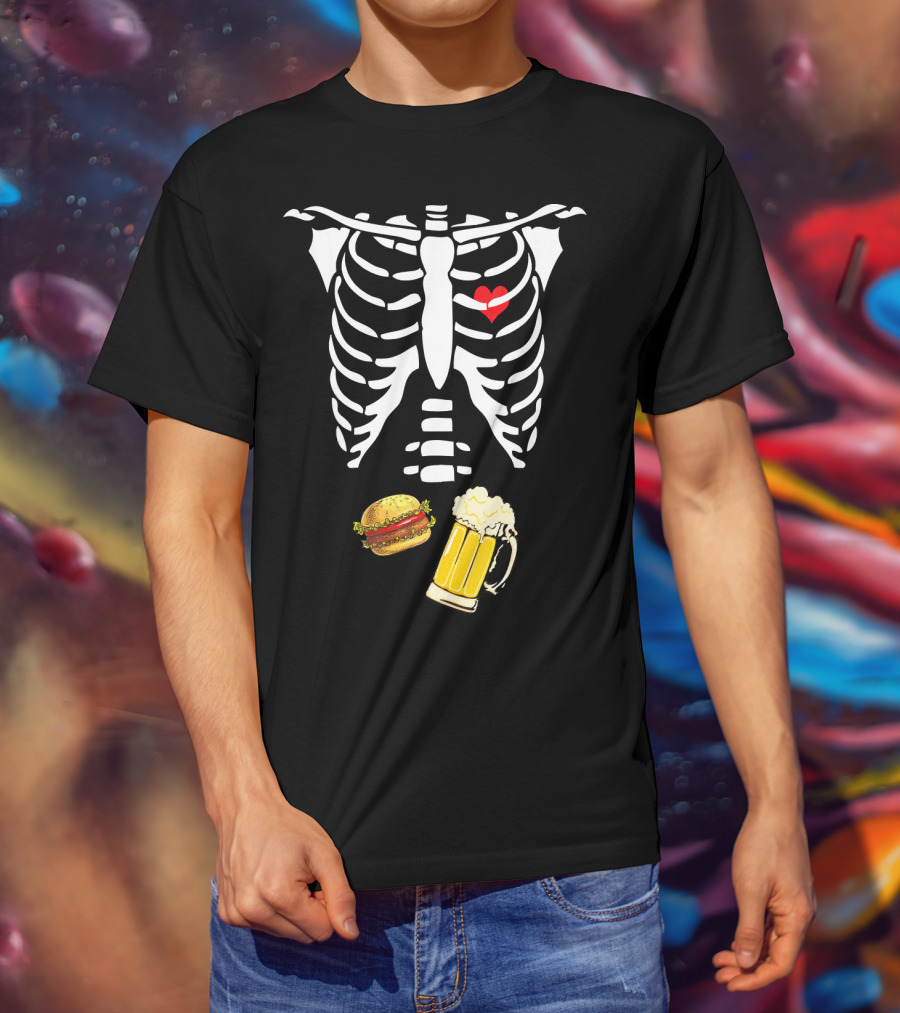 Beer Hamburger Skeleton Ribcage Heart T-Shirt