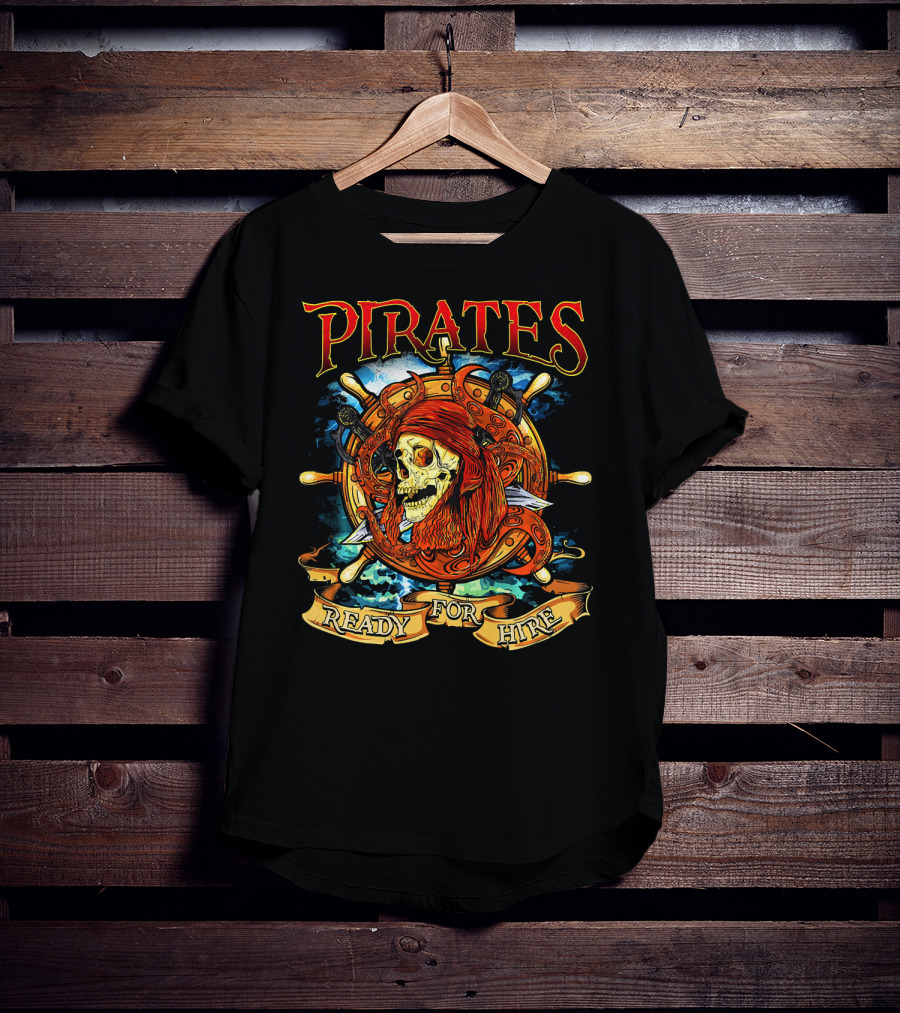 Pirates Ready For Hire Skull With Red Bandana Steering Wheel T-Shirt