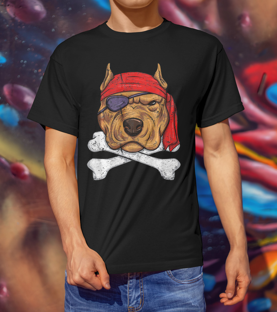 Vintage Pirate Dog Funny Puppy Crossbones Eyepatch Red Bandana T-Shirt