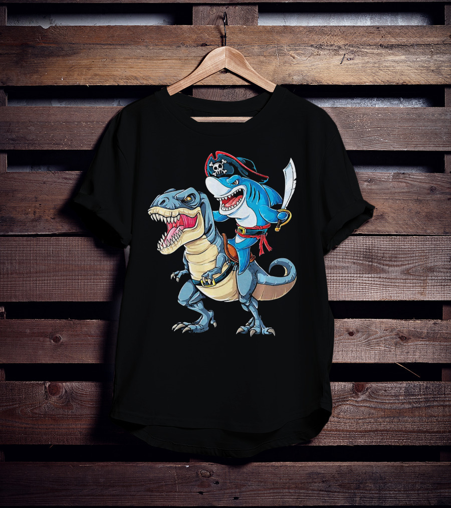 Pirate Shark Wielding Sword Riding Rex Dinosaur T-Shirt