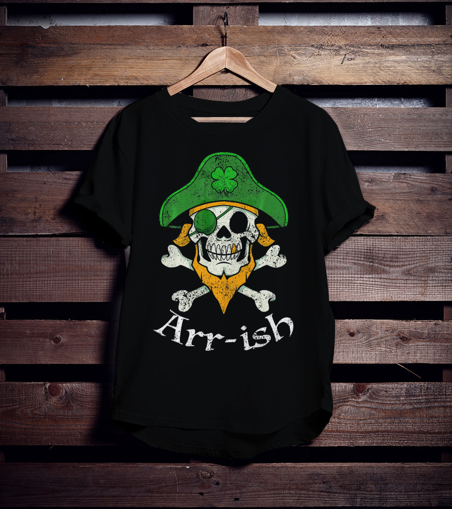 Arr-ish Funny Irish Skull Clover Pirate Beard T-Shirt