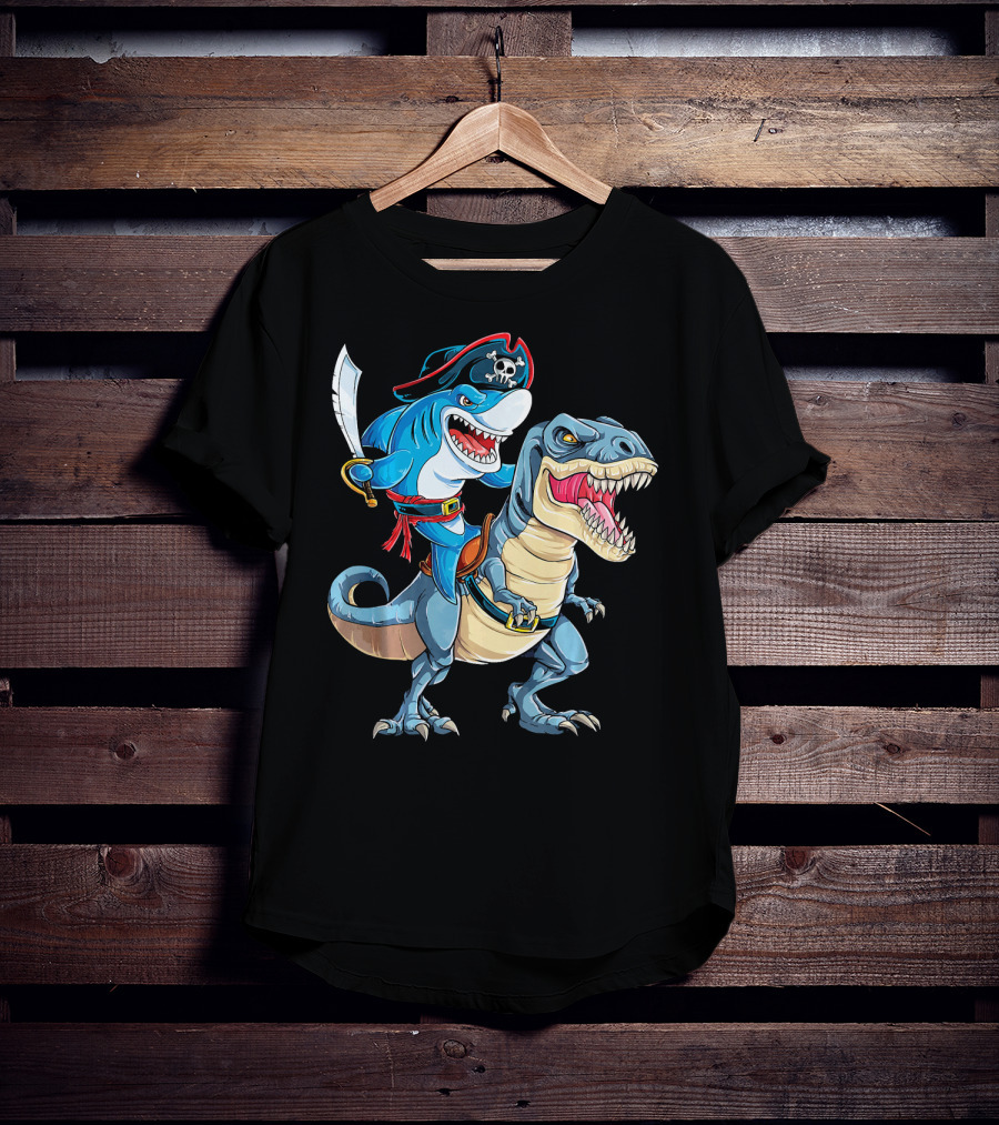 Pirate Shark Riding A Dinosaur T-Rex Jaws T-Shirt
