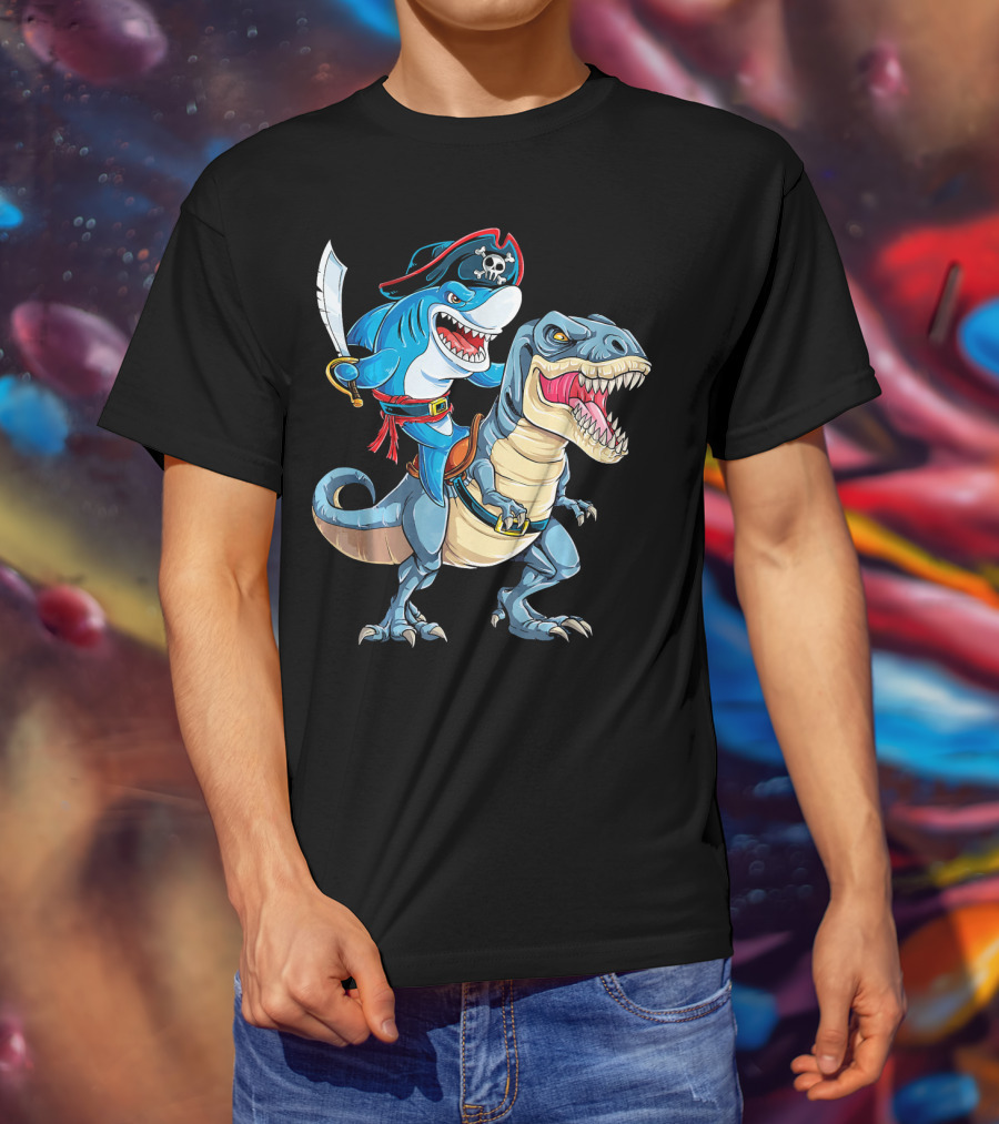 Pirate Shark Riding A Dinosaur T-Rex Jaws T-Shirt