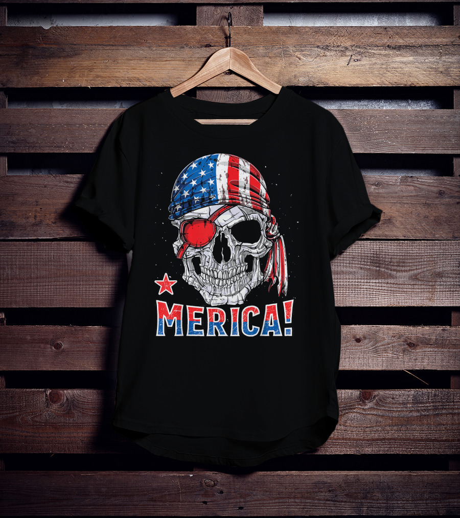Merica Pirate Skull With American Flag Bandana And Red Eyepatch T-Shirt