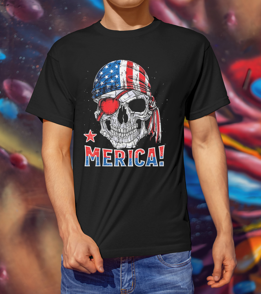 Merica Pirate Skull With American Flag Bandana And Red Eyepatch T-Shirt
