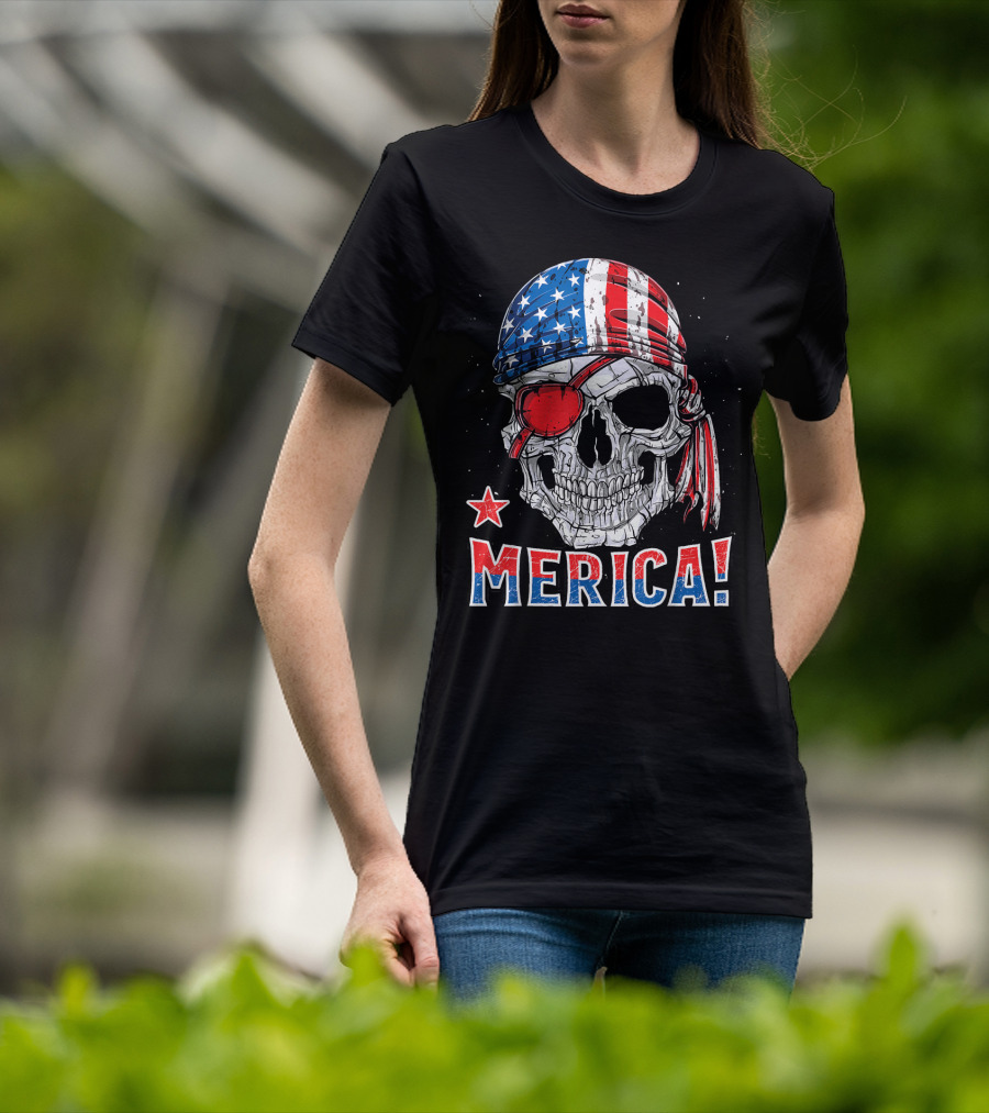 Merica Pirate Skull With American Flag Bandana And Red Eyepatch T-Shirt