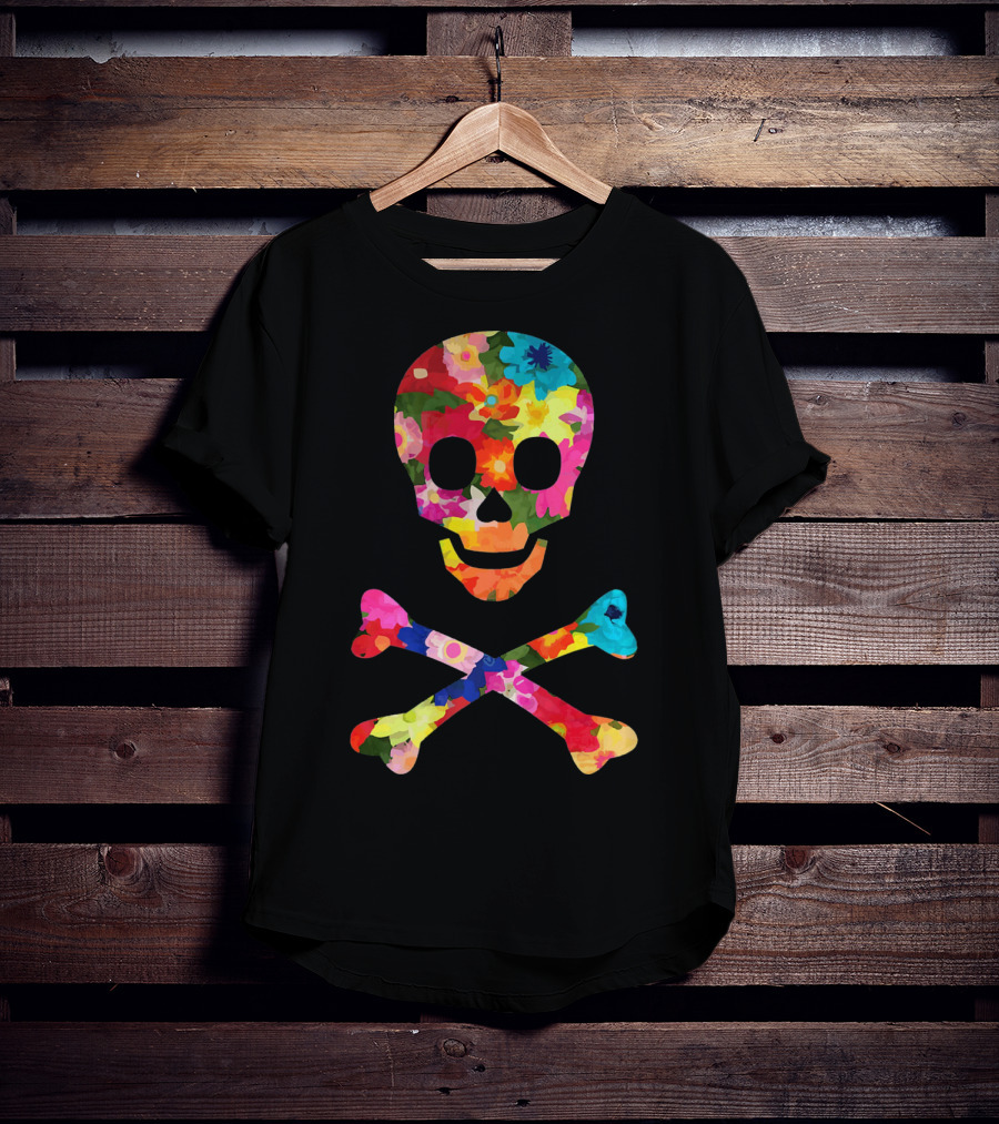 Flower Skull And Crossbones Funky Pirate Multicolor Floral T-Shirt