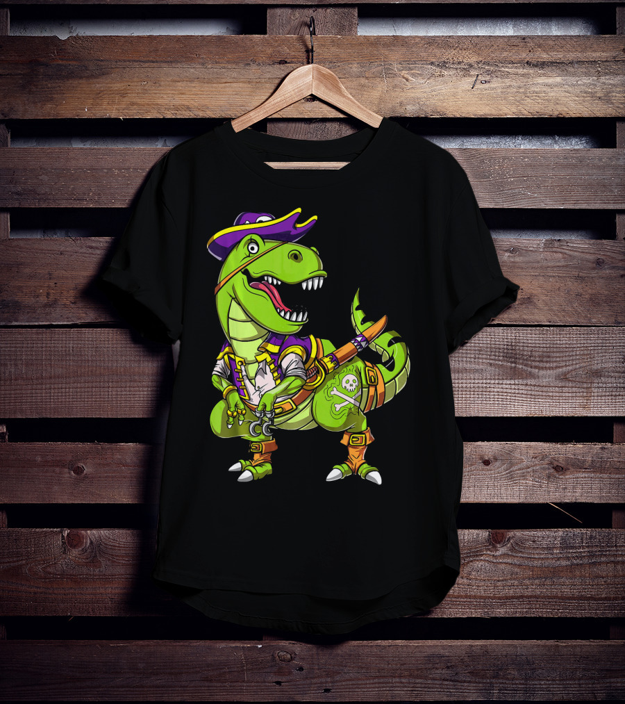 T Rex Dinosaur Pirate Captain With Hat And Hook In Green And Purple T-Shirt