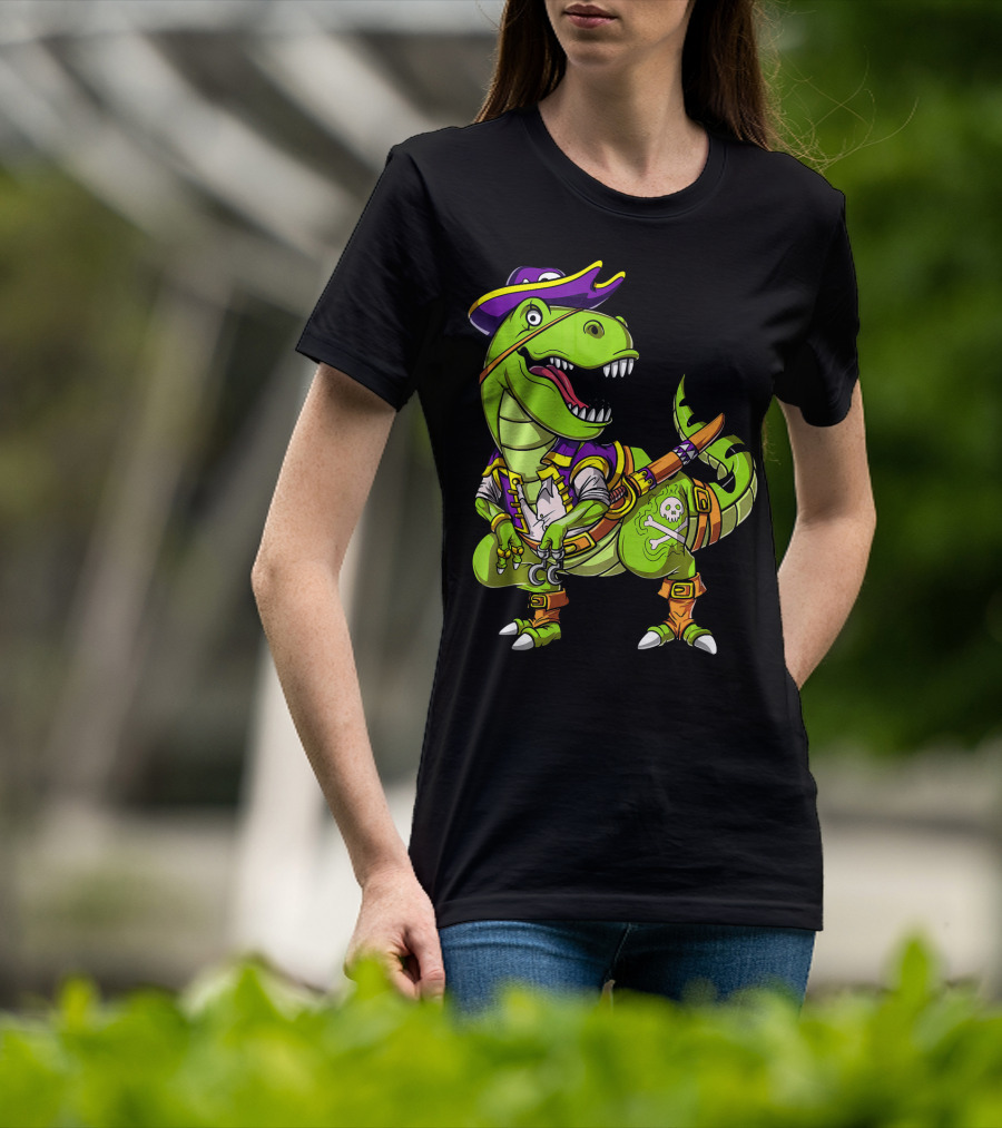 T Rex Dinosaur Pirate Captain With Hat And Hook In Green And Purple T-Shirt