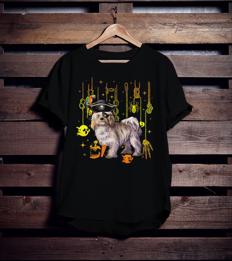 Havanese Pirate Halloween Dog With Parrot And Skulls T-Shirt