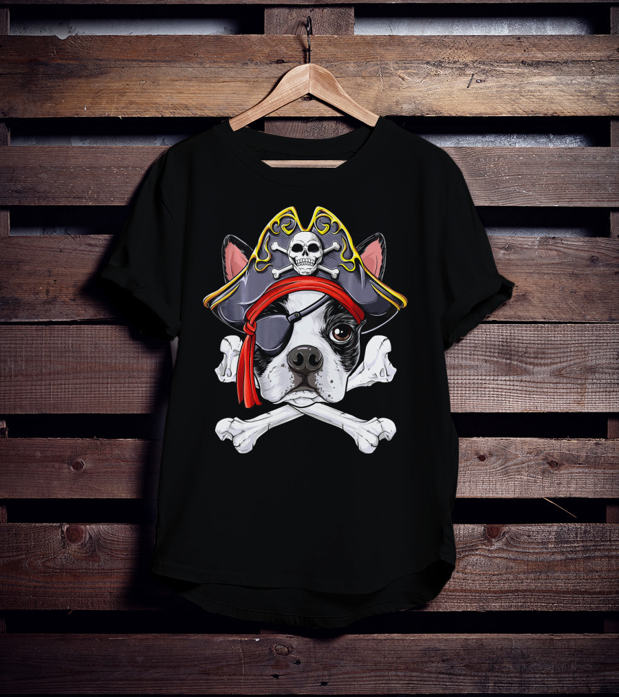 Boston Terrier Pirate Jolly Roger Skull And Crossbones T-Shirt
