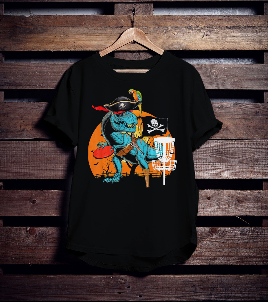 Jolly Roger Pirate Dinosaur Disc Golf Adventure T-Shirt