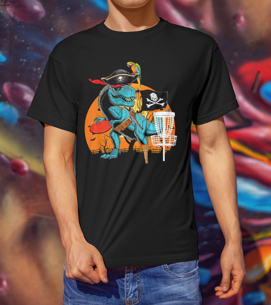 Jolly Roger Pirate Dinosaur Disc Golf Adventure T-Shirt