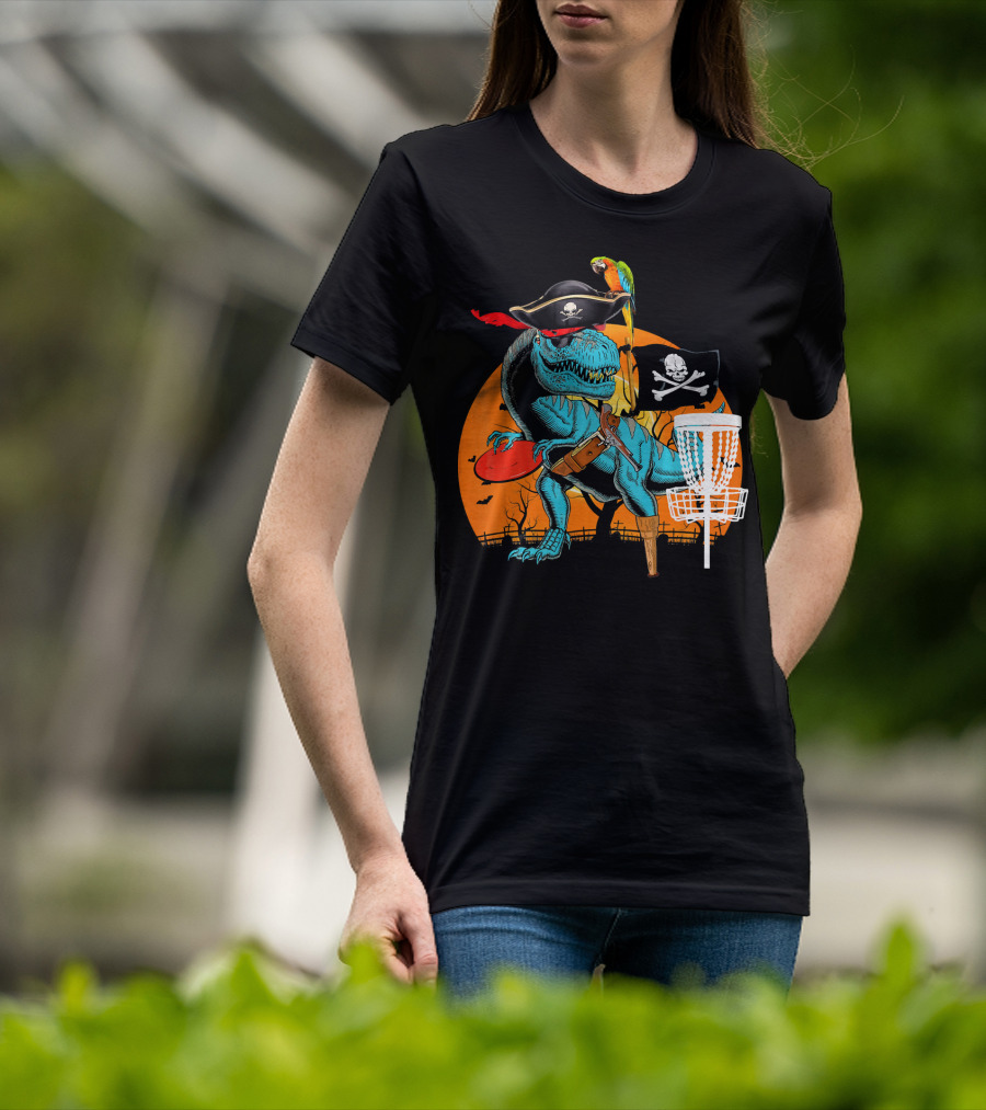 Jolly Roger Pirate Dinosaur Disc Golf Adventure T-Shirt
