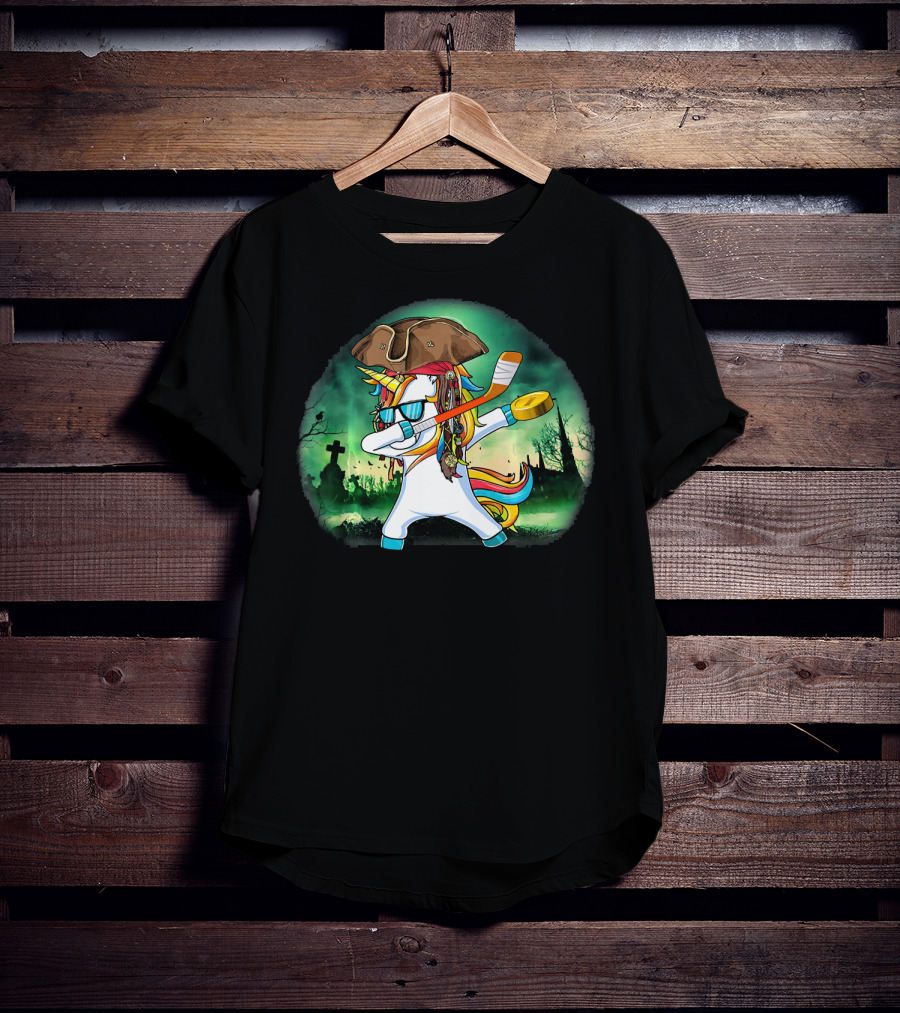 Dabbing Pirate Unicorn With Hockey Stick In Spooky Graveyard Scene T-Shirt