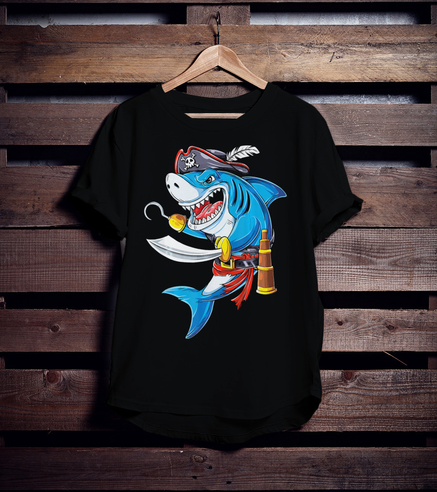 Shark Pirate Costume Jolly Roger Flag With Hook And Sword T-Shirt
