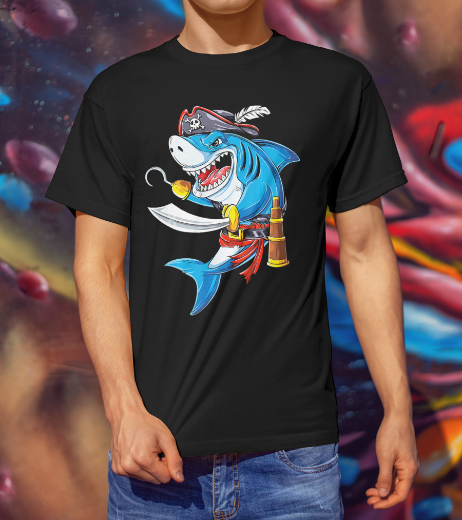 Shark Pirate Costume Jolly Roger Flag With Hook And Sword T-Shirt