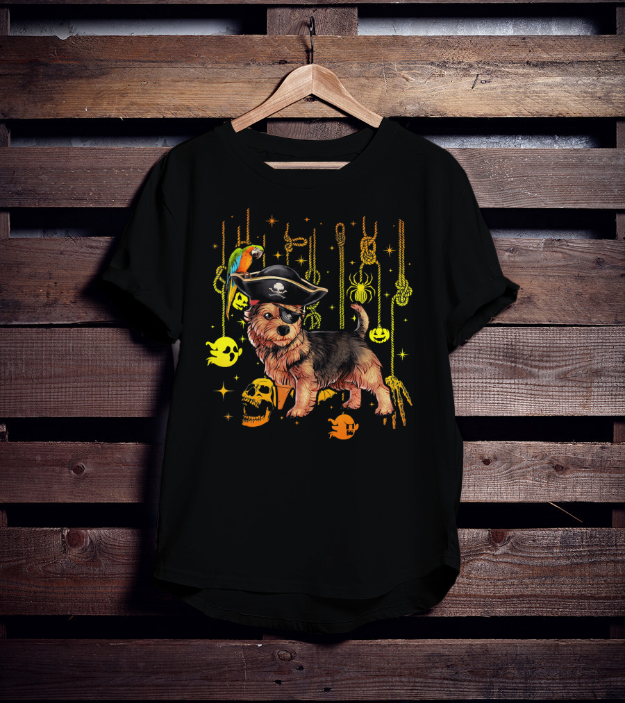 Norwich Terrier Pirate With Halloween Ghosts And Skull T-Shirt