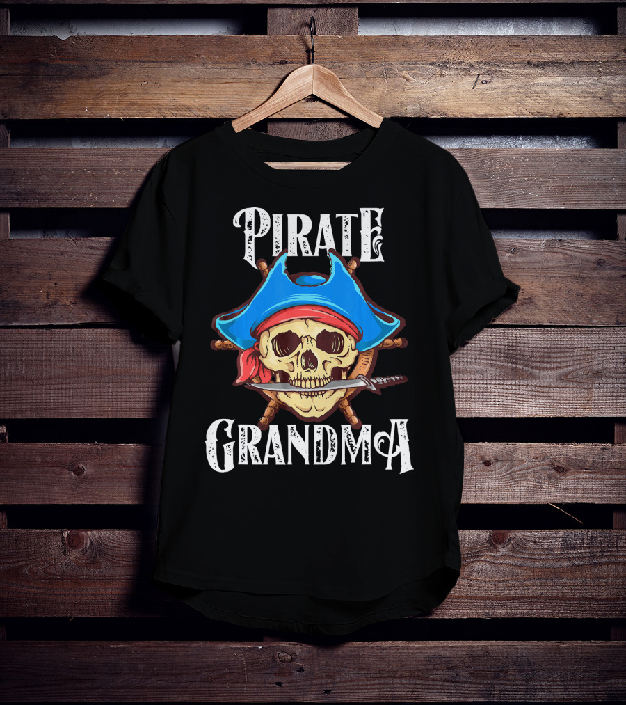 Pirate Grandma Skull With Blue Hat And Sword T-Shirt