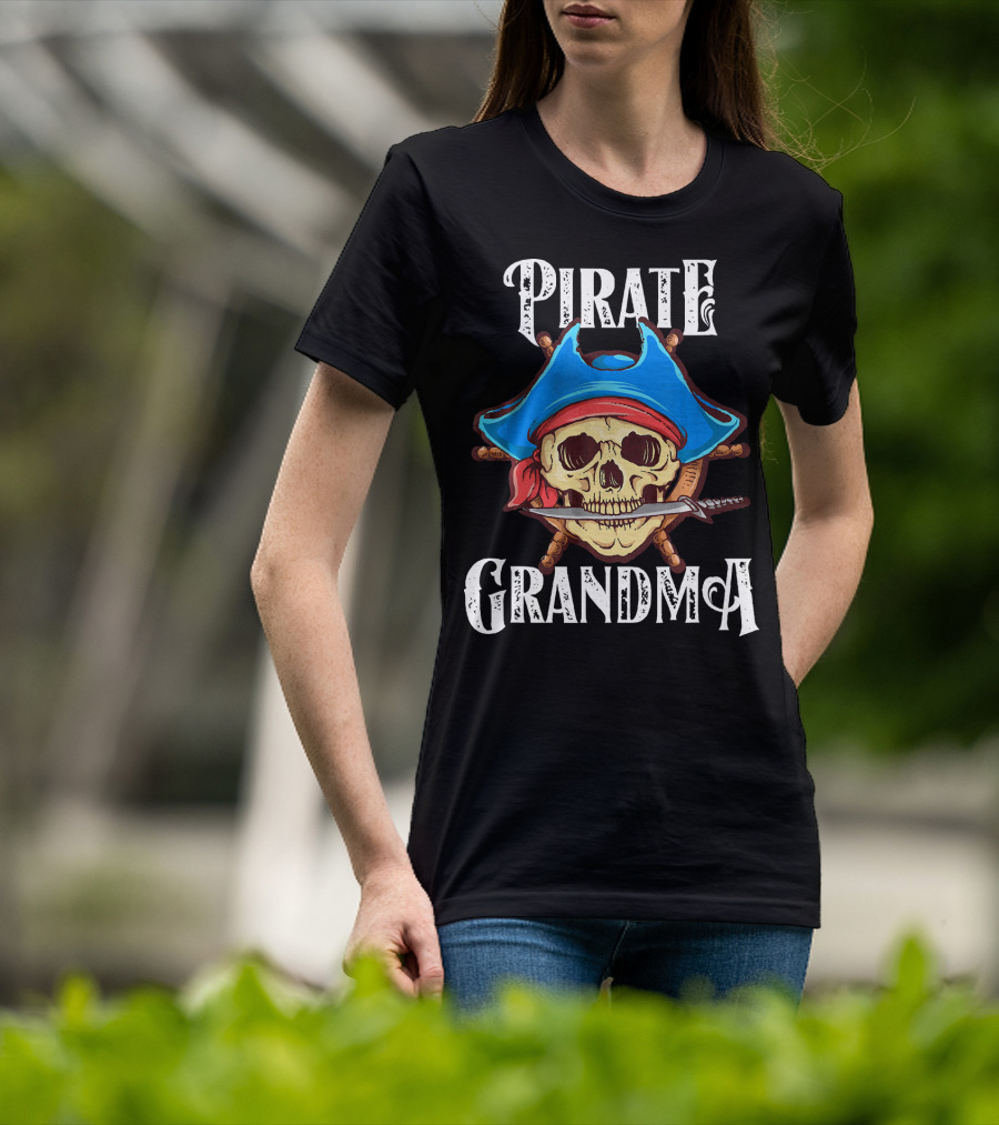 Pirate Grandma Skull With Blue Hat And Sword T-Shirt