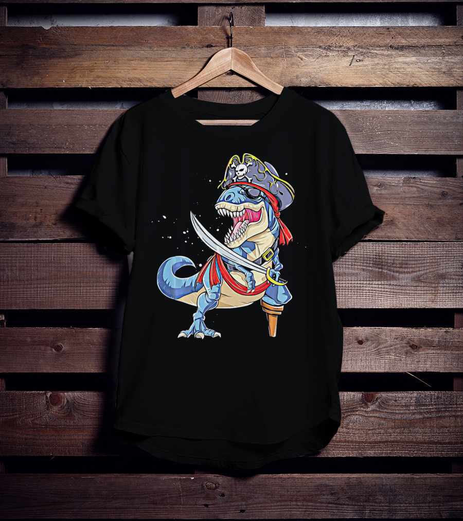Pirate Dinosaur With Sword And Skull Hat T-Shirt