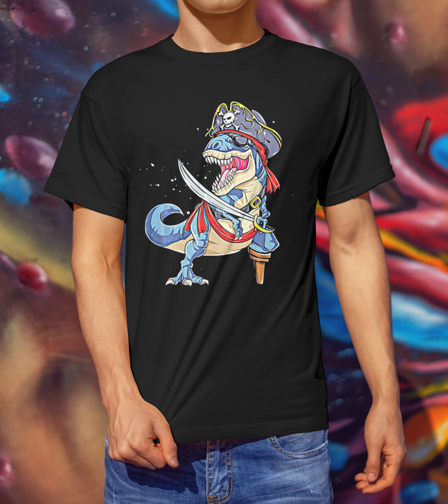 Pirate Dinosaur With Sword And Skull Hat T-Shirt