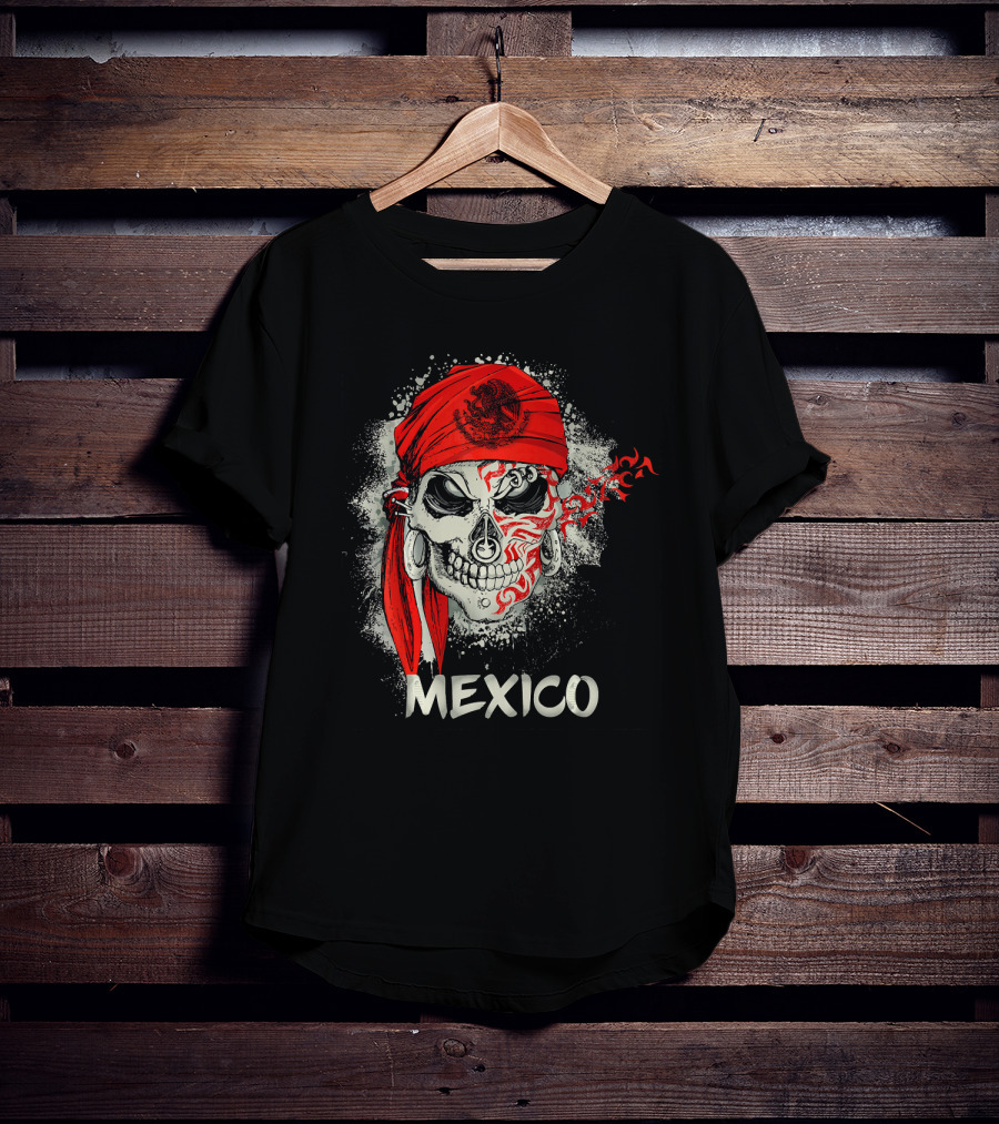 Mexico Skull With Red Bandana And Serpent Emblem T-Shirt