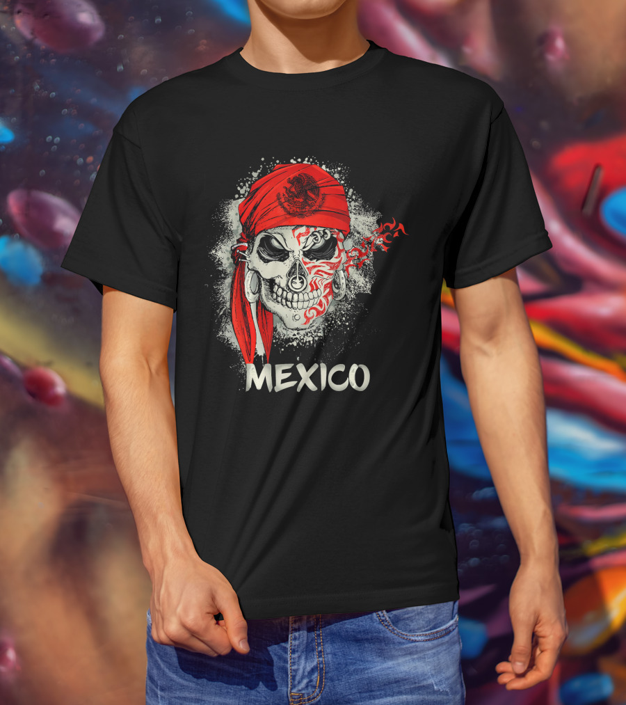 Mexico Skull With Red Bandana And Serpent Emblem T-Shirt