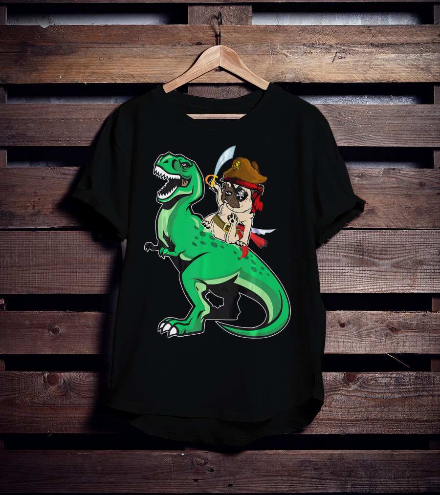 Pirate Pug Riding Rex Dinosaur With Sword And Hat T-Shirt