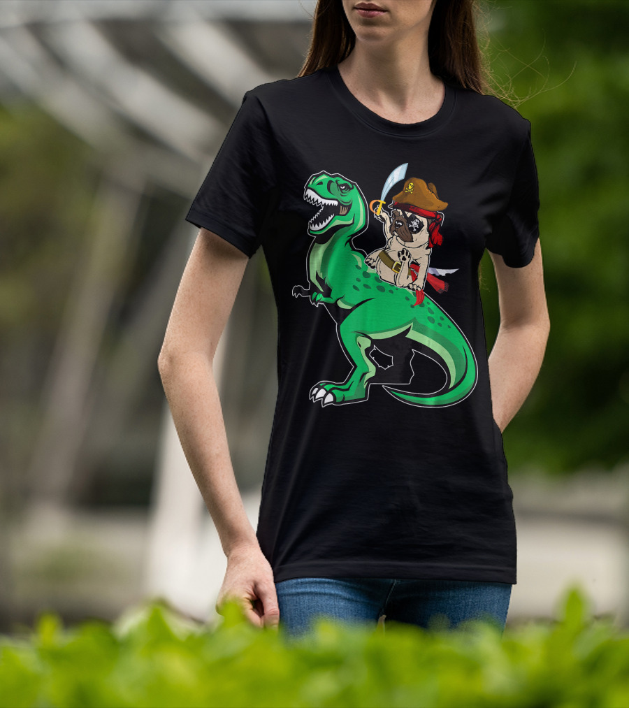 Pirate Pug Riding Rex Dinosaur With Sword And Hat T-Shirt