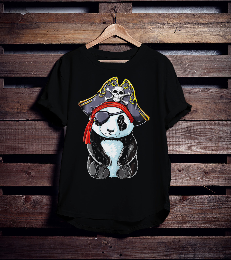 Panda Pirate Jolly Roger Skull Crossbones Eyepatch Bandana Hat T-Shirt