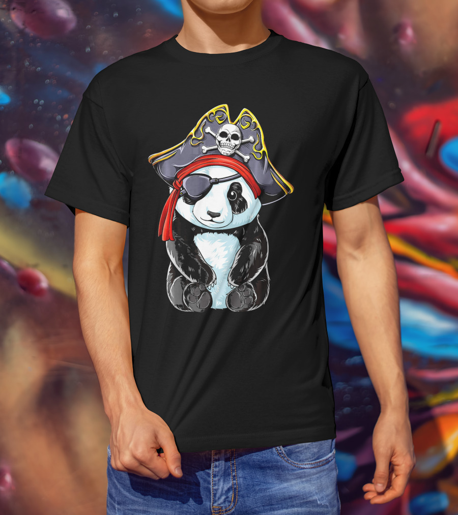 Panda Pirate Jolly Roger Skull Crossbones Eyepatch Bandana Hat T-Shirt