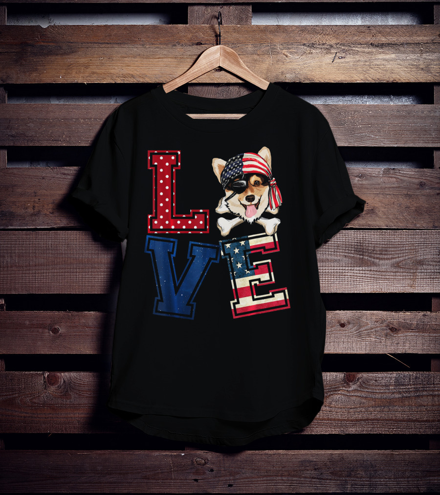 LOVE Corgi Pirate Face With American Flag Bandana And Lettering T-Shirt