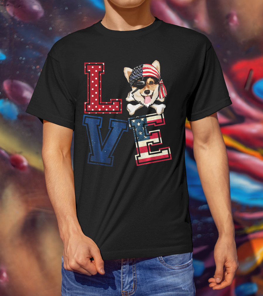 LOVE Corgi Pirate Face With American Flag Bandana And Lettering T-Shirt