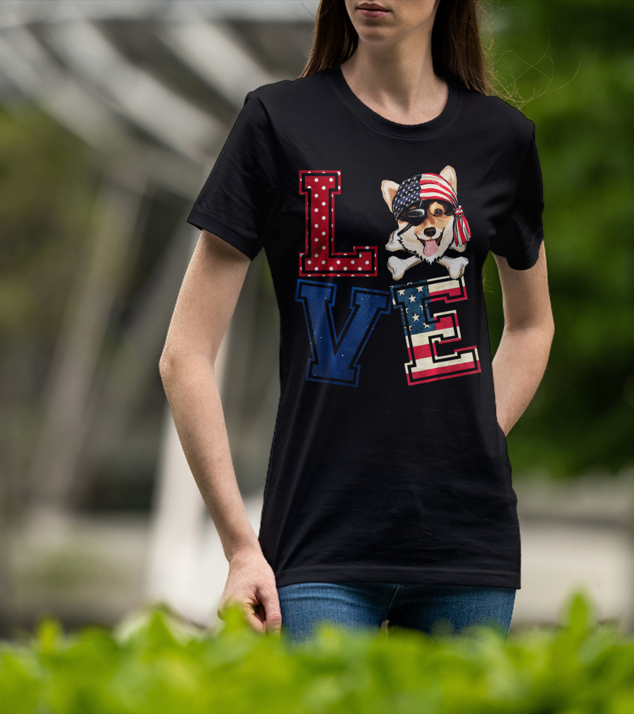 LOVE Corgi Pirate Face With American Flag Bandana And Lettering T-Shirt