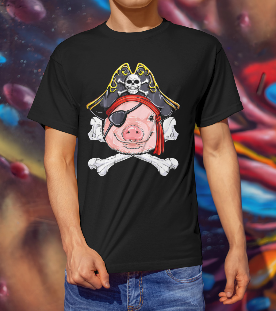Pig Pirate Jolly Roger Flag Skull Eyepatch Crossbones Hat T-Shirt