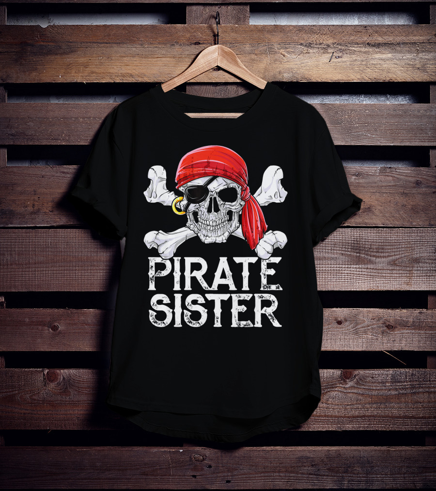 Pirate Sister Skull With Red Bandana And Crossbones T-Shirt