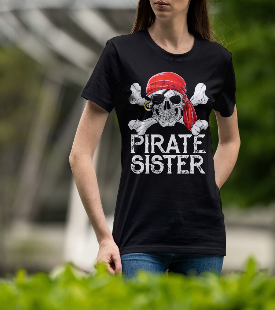 Pirate Sister Skull With Red Bandana And Crossbones T-Shirt