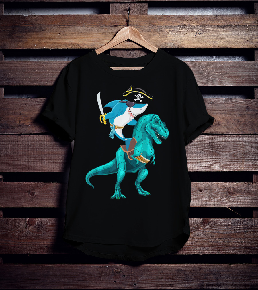 Shark Pirate On T-Rex For Kids Boys Sons T-Shirt