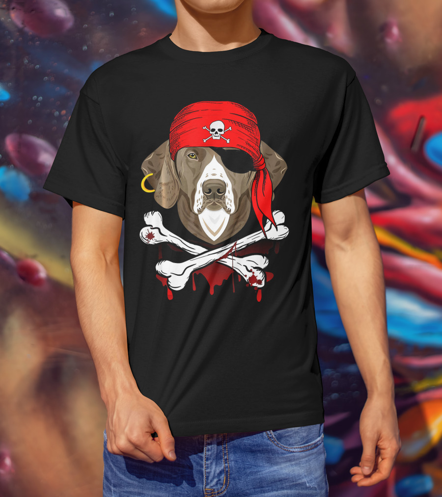 Weimaraner Dog Dad In Pirate Costume With Skull And Crossbones Bandana T-Shirt