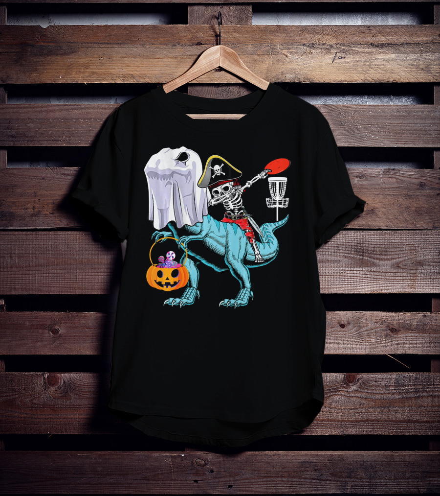Dab Jolly Roger Skeleton Pirate On Dinosaur With Ghost Pumpkin And Frisbee T-Shirt